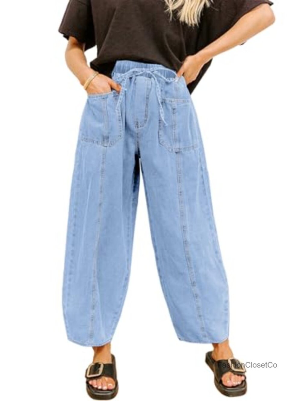 High Waisted Barrel Jeans Drawstring Baggy Denim Pants with Patch Pockets